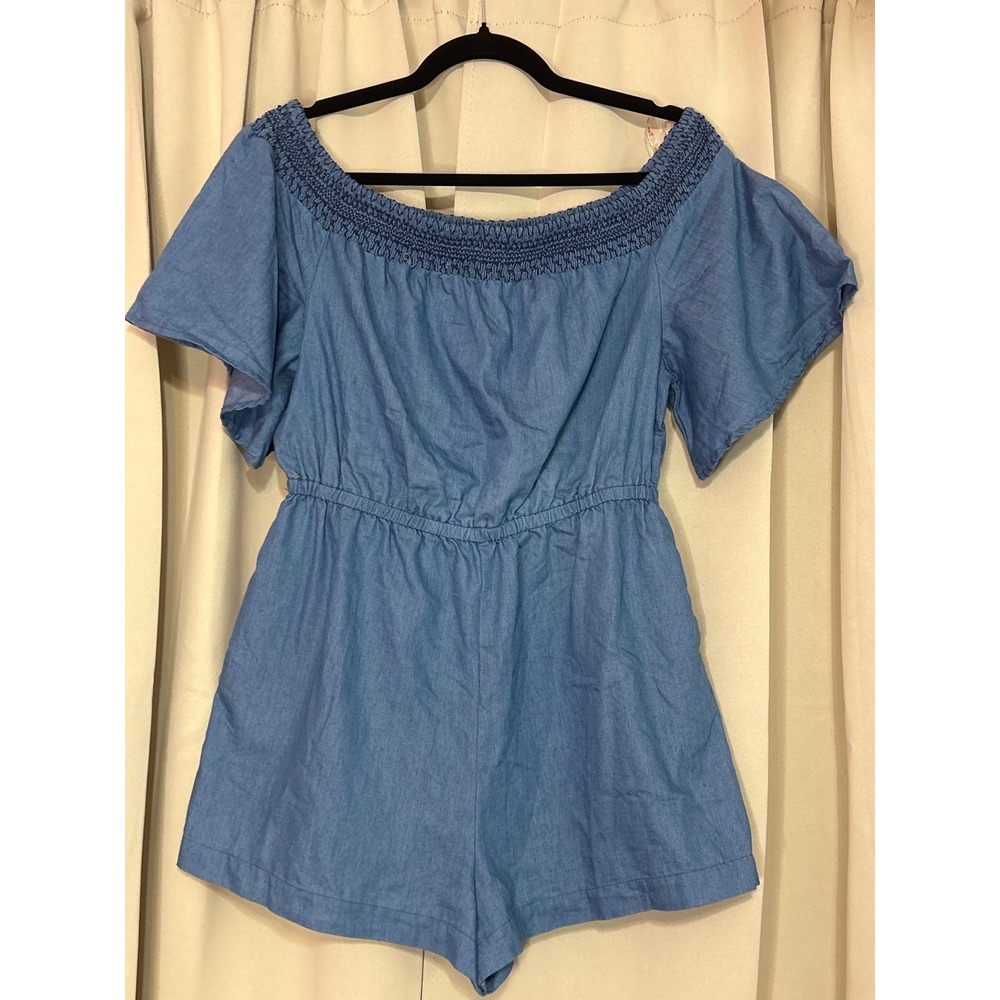 Flying Tomato Cotton Romper Large Blue Smocked Off Shoulder Flutter Sleeve Boho
